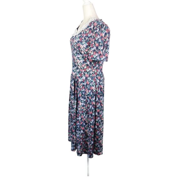 Vintage 80s Paquette Too! Navy Blue and Pink Floral Drop Waist Midi Dress M - Picture 3 of 6